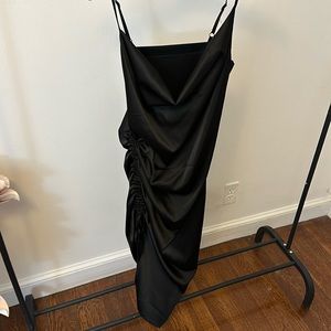 Black silky ruched side slit dress